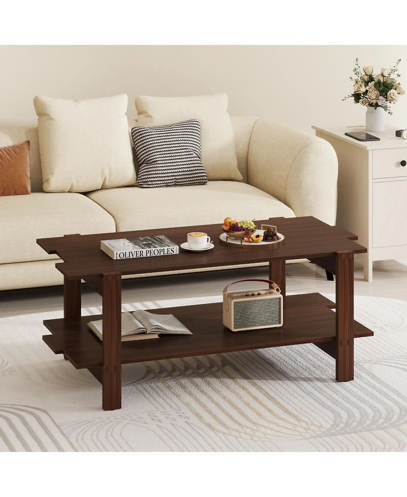 Gouun 45-Inch 2-Tier Slatted Wood Coffee Table with Storage