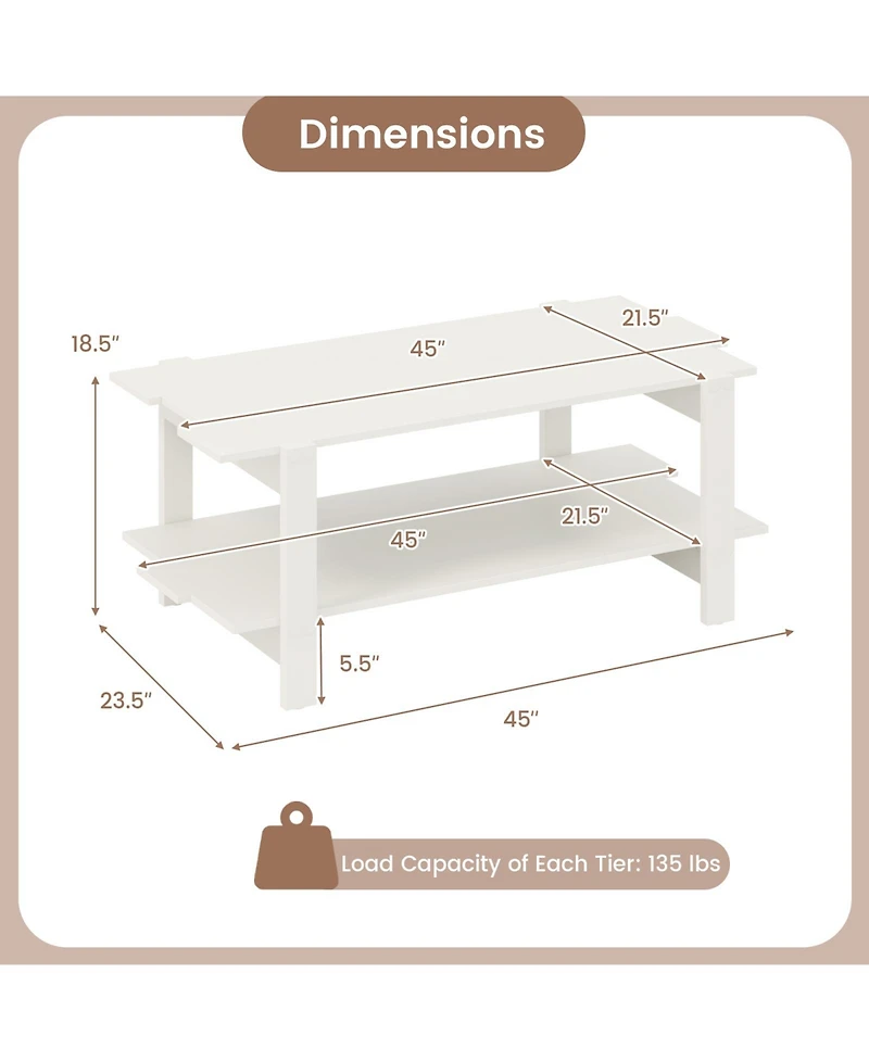 Gouun 45-Inch 2-Tier Slatted Wood Coffee Table with Shelf