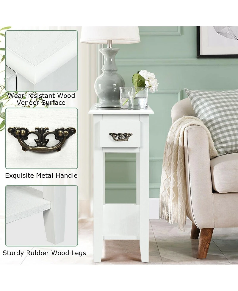 Gouun Set of 2 Ultra-Slim Sofa Side End Tables with Drawer and Open Shelf