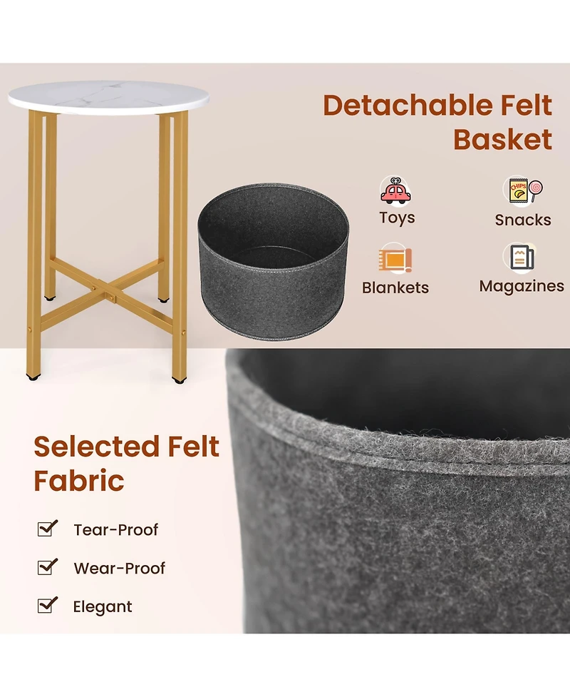 Gouun Round 2-Tier End Table with Removable Fabric Basket and Metal Frame, 17.5 in