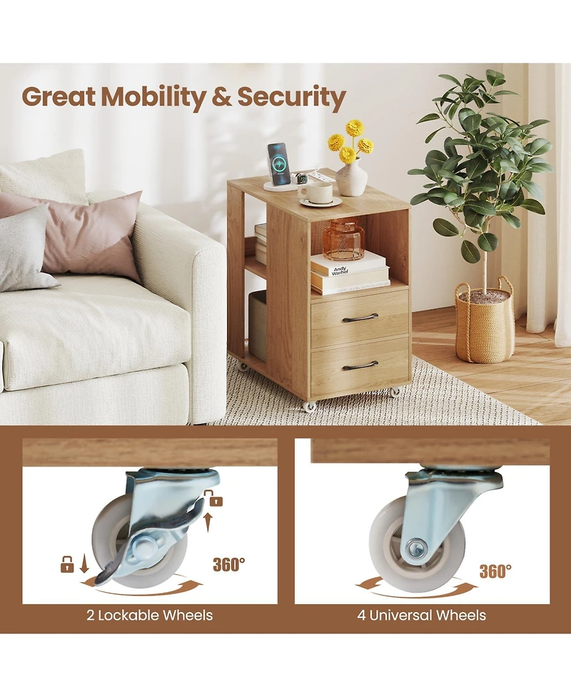 Gouun Rolling End Table with Charging Station, Drawers, and Open Shelves on Wheels