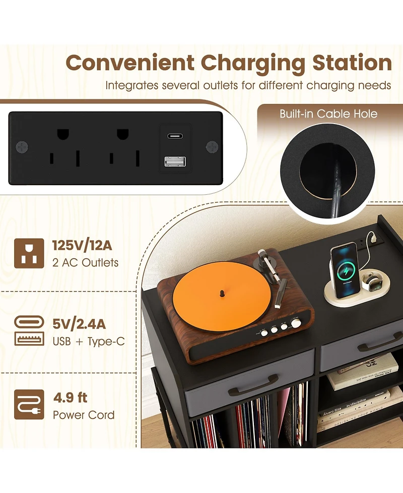 Gouun Large Mid-Century Record Player Stand with Charging Station and Vinyl Cabinet, 30 x 14 x 27 in
