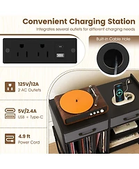 Gouun Large Mid-Century Record Player Stand with Charging Station and Vinyl Cabinet, 30 x 14 x 27 in