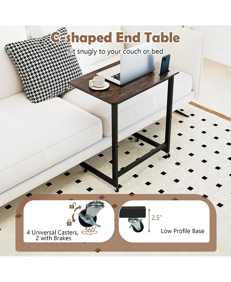 Gouun C-Shaped Mobile End Table with Wheels and Built-In Phone Slot, 23.5 x 15.5 x 26 in