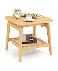 Gouun Boho Bamboo 2-Tier Sofa Side Table with Faux Rattan Shelf