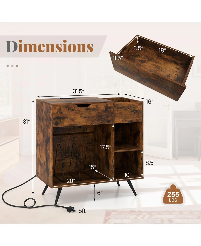 Gouun Record Player Stand with Power Outlet and Vinyl Storage Cubby, 31.5 x 16 x 31 in