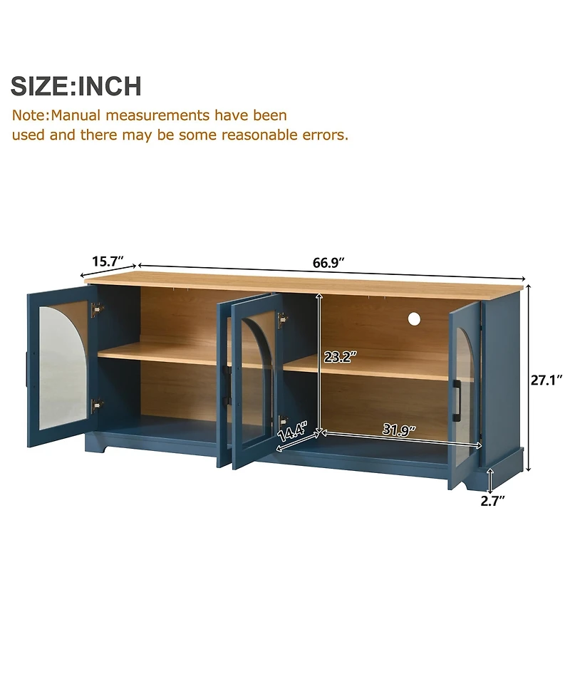 Rainsken Farmhouse Tv Stand for TVs , Two-Tone Media Console Table with Semi-Arched Glass Doors and Cable Management for Living Room