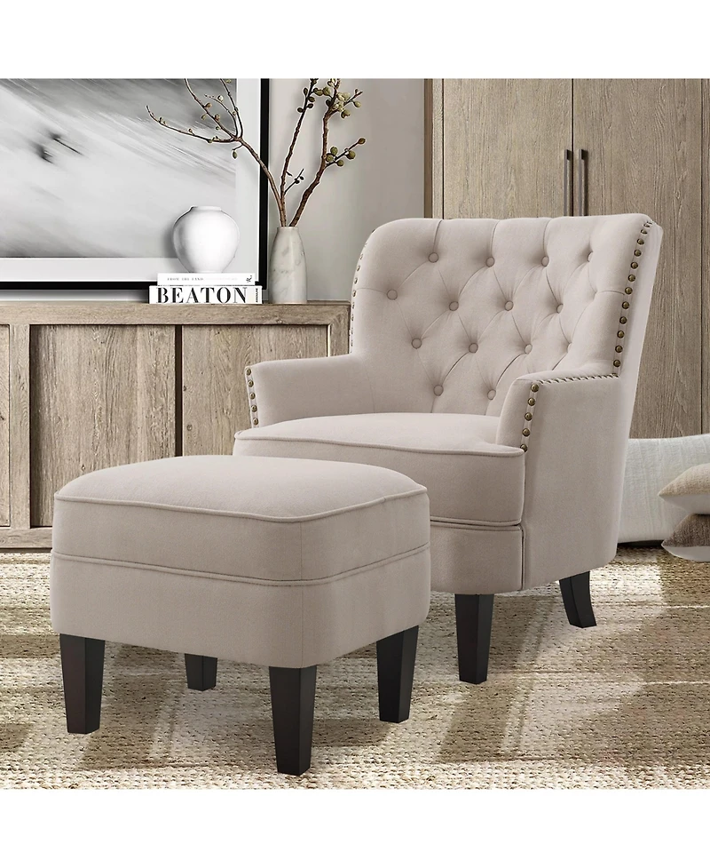 Boyel Living Vintage Button-Tufted Velvet Chair and Ottoman Set with Nailhead Trim and Solid Wood Legs