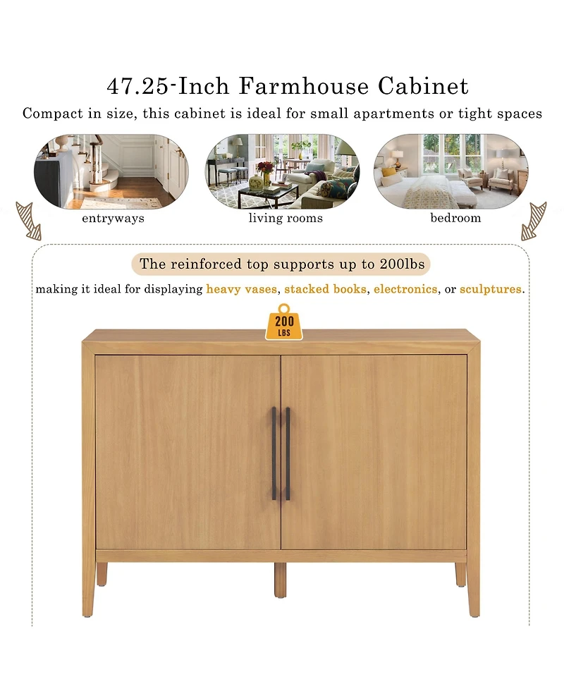 Rainsken Rustic Farmhouse Buffet Cabinet, 47.25 Inch Storage Sideboard with Pine Veneer, Adjustable Legs and Metal Pulls for Kitchen, Living Room