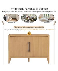 Rainsken Rustic Farmhouse Buffet Cabinet, 47.25 Inch Storage Sideboard with Pine Veneer, Adjustable Legs and Metal Pulls for Kitchen, Living Room