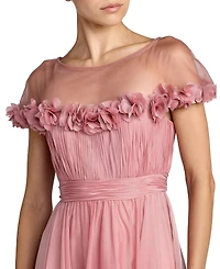 Mac Duggal Women's Chiffon Illusion Neck Midi Dress with 3D Flowers