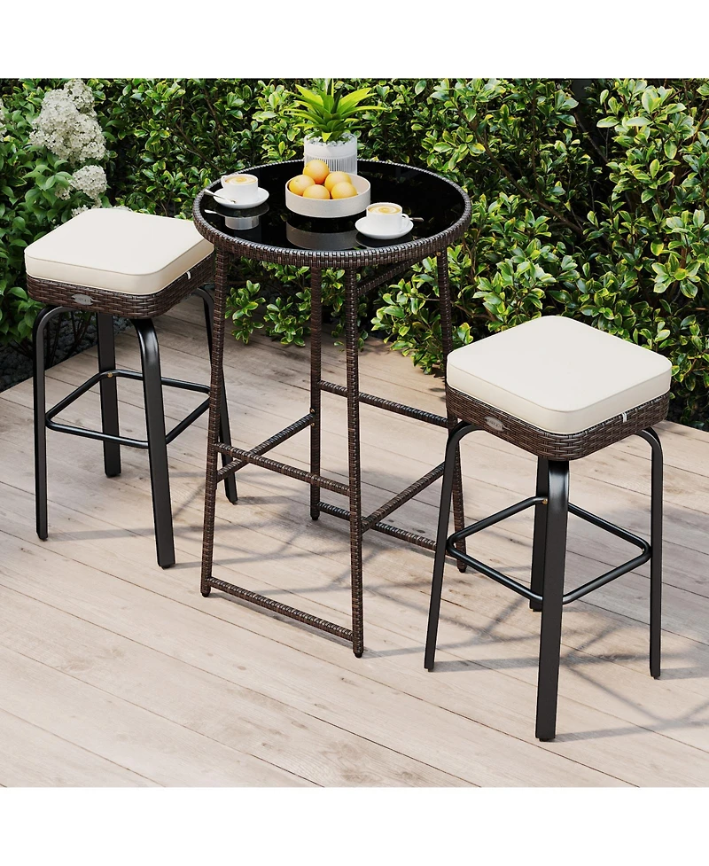 Gouun 3-Piece Outdoor 360-Degree Swivel Pe Rattan Bar Set with Tempered Glass Table