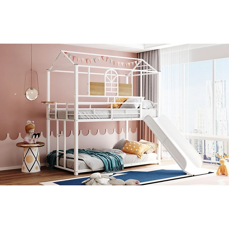 Streamdale Furniture Metal Twin House Bunk Bed with Slide