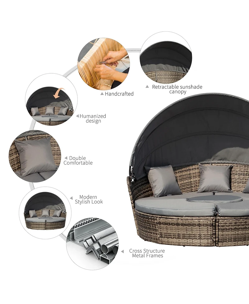 Outsunny 4-Piece Rattan Patio Furniture Set, Round Convertible Daybed or Sunbed with Adjustable Sun Canopy, Sectional Sofa, 2 Chairs, Table