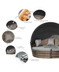 Outsunny 4-Piece Rattan Patio Furniture Set, Round Convertible Daybed or Sunbed with Adjustable Sun Canopy, Sectional Sofa, 2 Chairs, Table