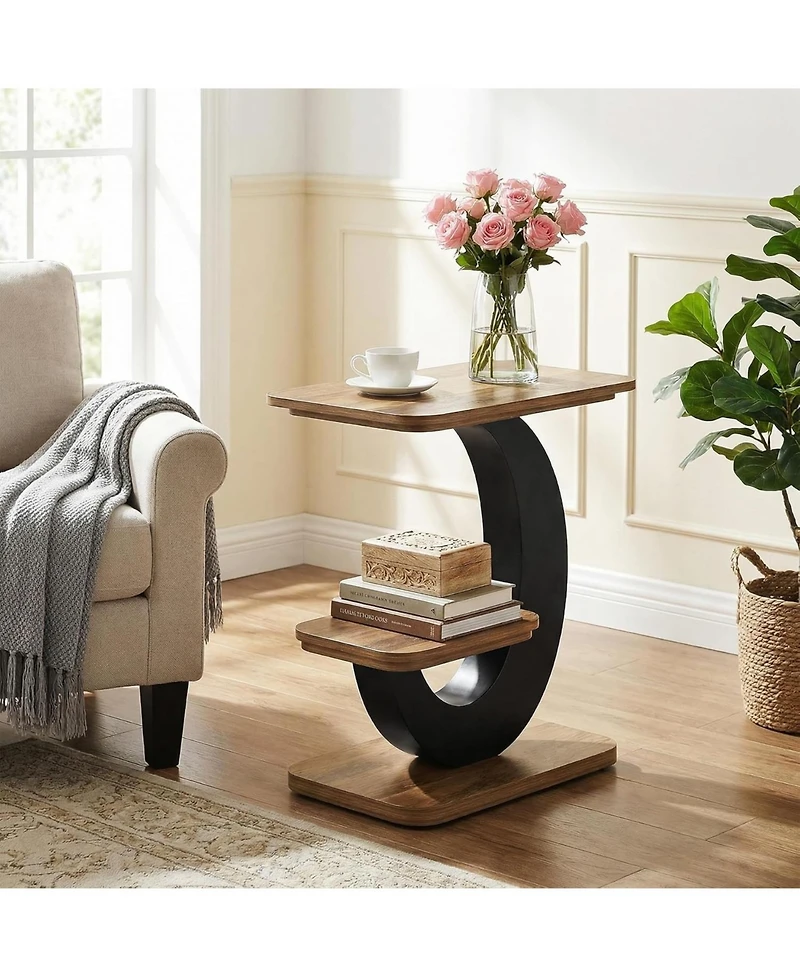 Tribesigns Side Table Set of 2, 2-Tier Narrow End Table, Industrial Wooden Side Table with Metal Arc-Shaped Frame, Bedside Nightstand