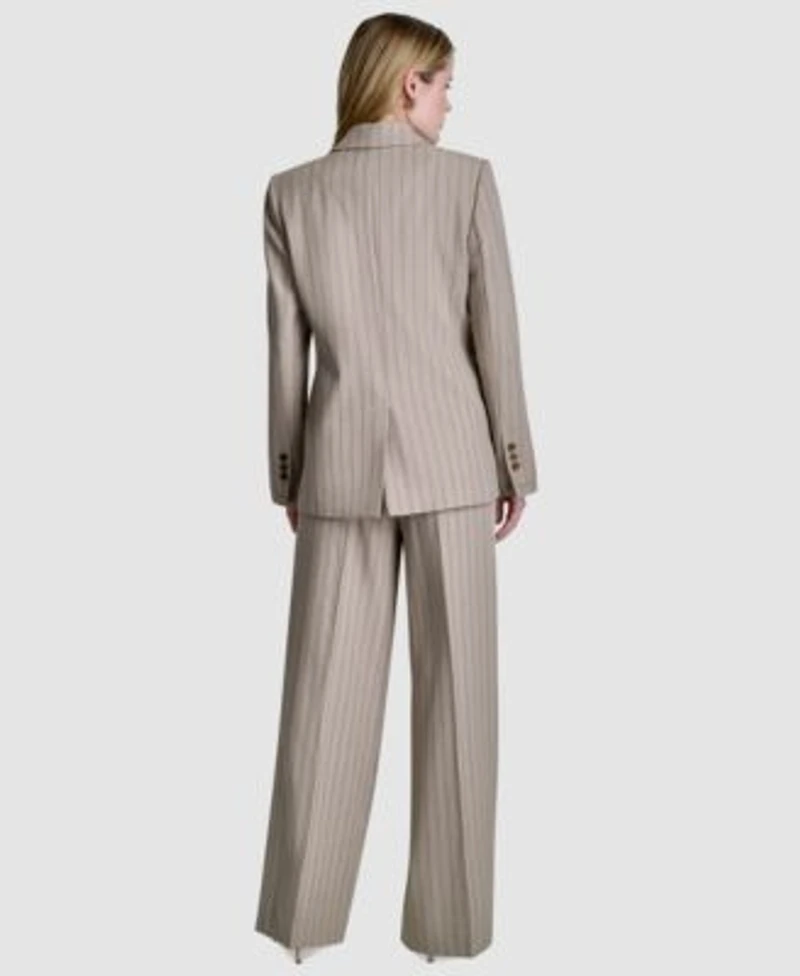 Dkny Womens Pinstripe Notch Collar Blazer Pinstripe Button Front Vest Mid Rise Straight Fit Pants