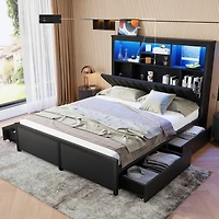 Streamdale Furniture King Bed Frame w/ Storage Headboard, Led, Charging, 4 Drawers, Metal