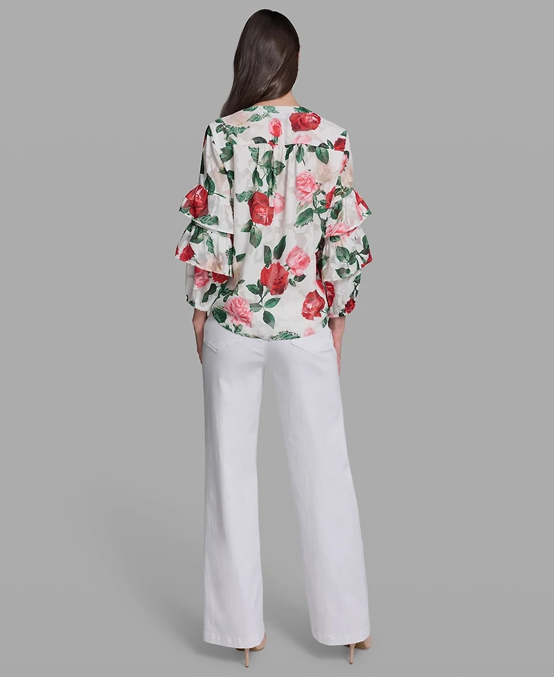 Karl Lagerfeld Paris Petite Ruffle-Sleeve Rose Print Blouse