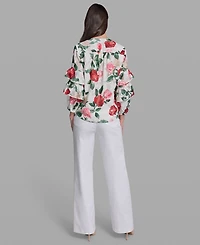 Karl Lagerfeld Paris Petite Ruffle-Sleeve Rose Print Blouse
