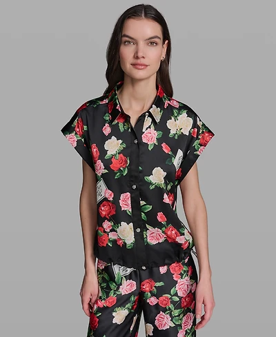 Karl Lagerfeld Paris Petite Bungee Floral Collared Blouse