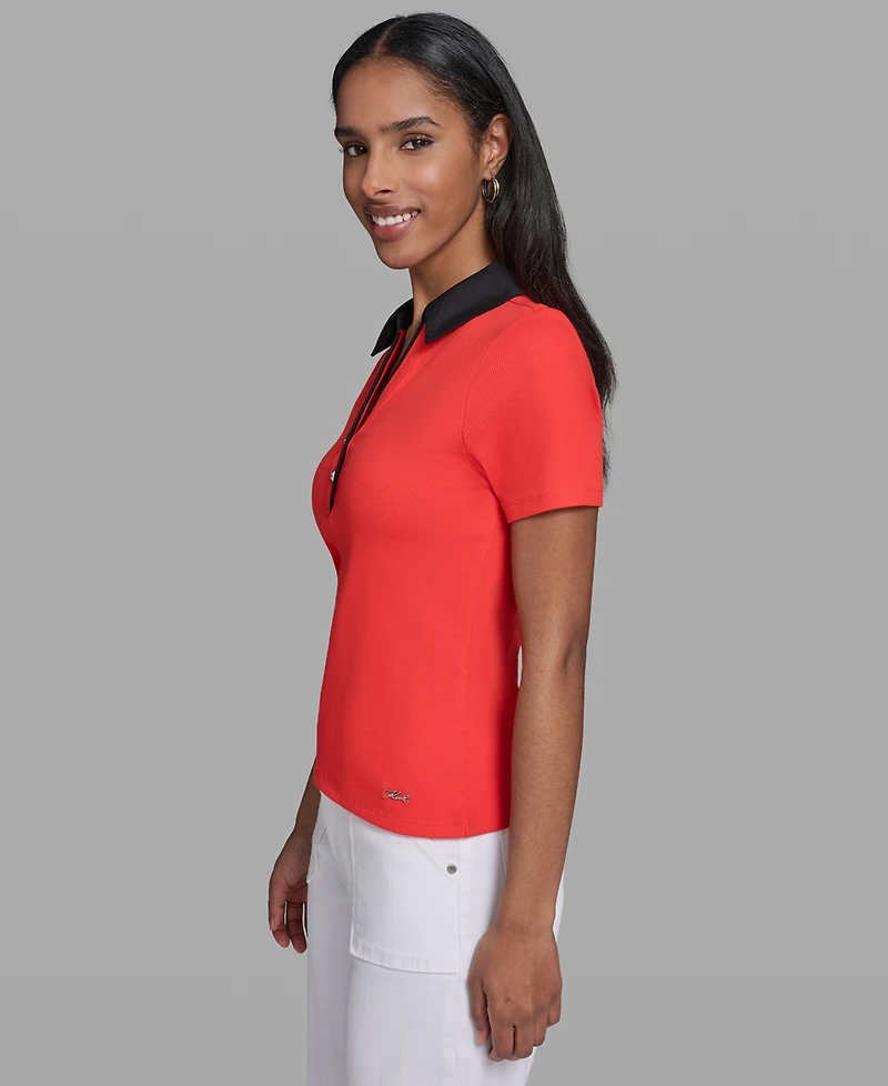 Karl Lagerfeld Paris Petite V-Neck Polo Collar Top