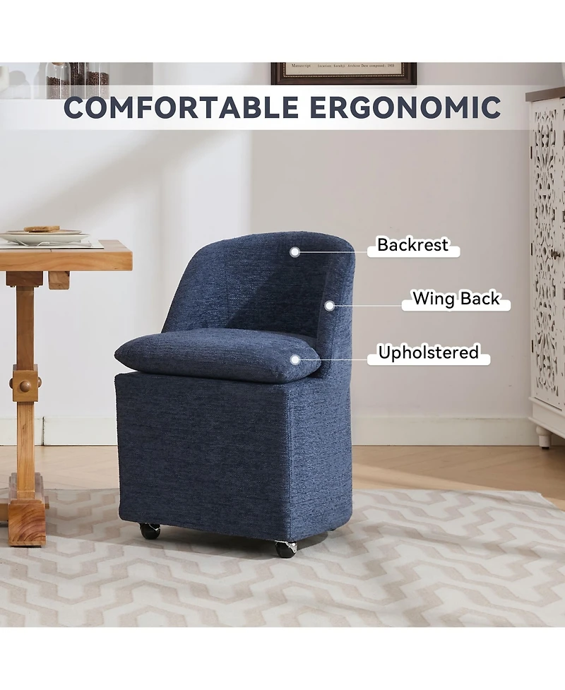 Rainsken Chenille Upholstered Rolling Dining Chairs Set of 2 with Universal Wheels and Curved Backrest, Suitable for Dining Room and Living Room