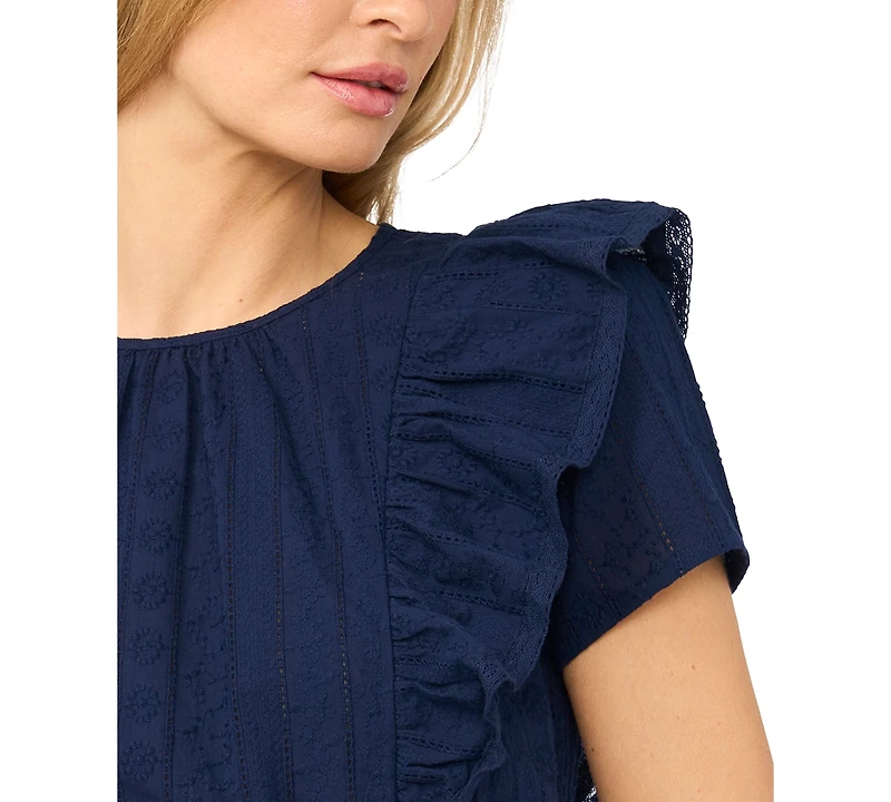 CeCe Women's Short-Sleeve Crewneck Ruffle-Front Cotton Mini Dress