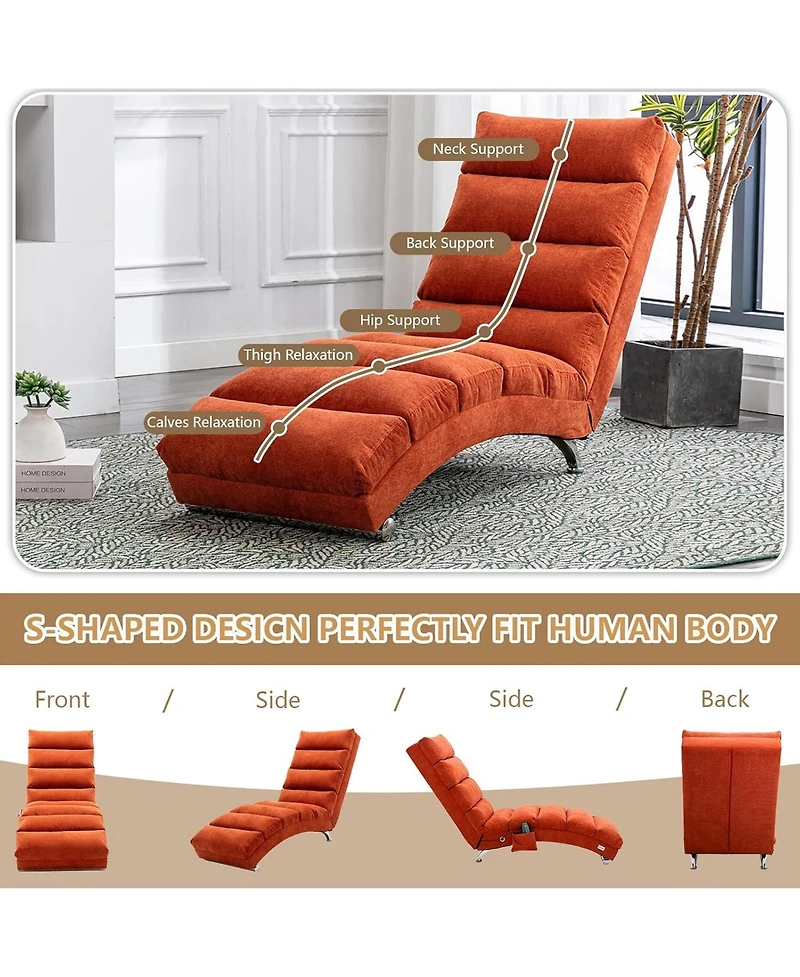 Rainsken Luxury Upholstered Chaise Lounge Chair with Gentle Vibration Function, Linen Leisure Recliner for Living Room