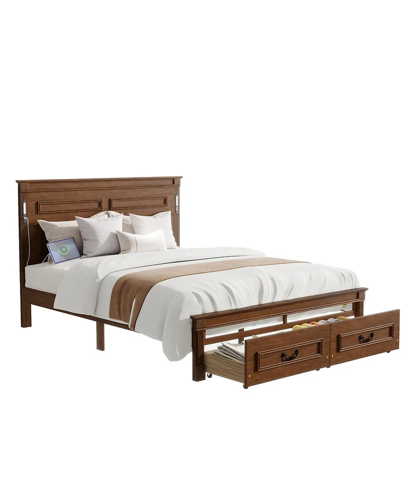 Streamdale Furniture Led Storage Bed w/Usb, Walnut Pinewood Frame