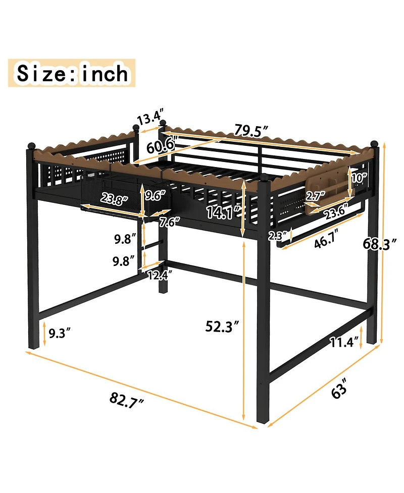 Streamdale Furniture Metal Loft Bed w/Storage Shelves and Bookshelf