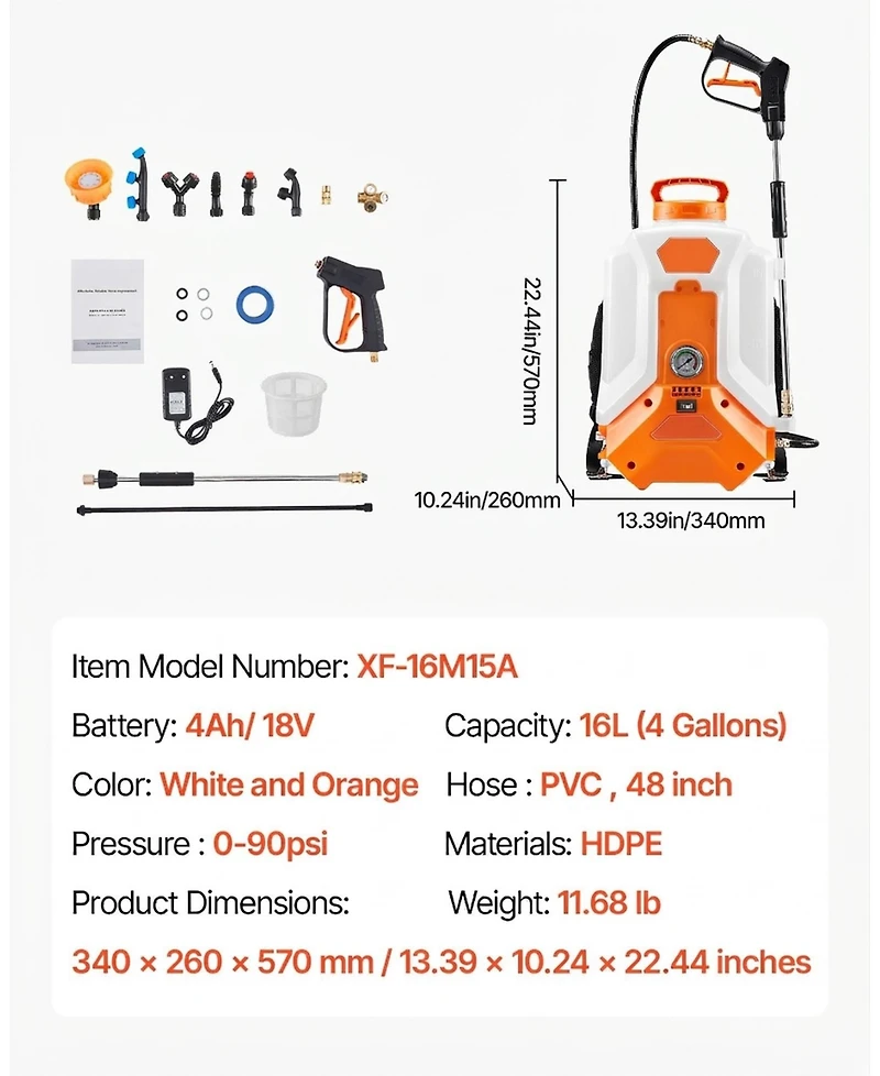Sugift Battery Powered Backpack Sprayer, 4 Gallon Electric Sprayer with 2 Wands and Nozzles