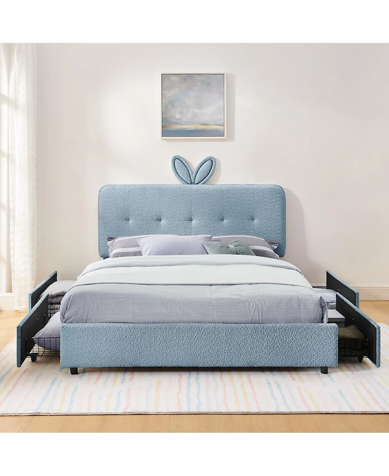 Streamdale Furniture Kids Upholstered Bed w/ Rabbit Headboard, Led and Drawers
