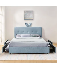 Streamdale Furniture Kids Upholstered Bed w/ Rabbit Headboard, Led and Drawers