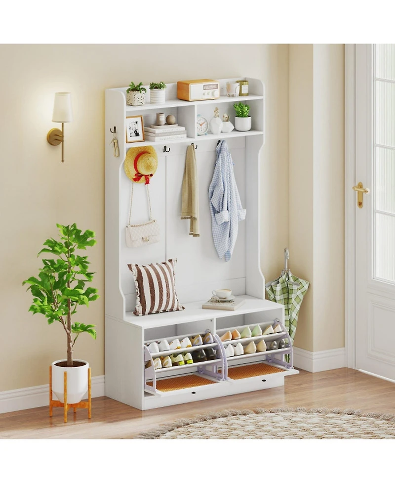 Gouun 4-in-1 Entryway Hall Tree with Coat Rack, Shoe Bench and Flip Drawers
