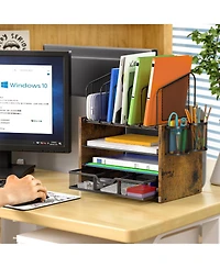 Gnuadz Mesh Desk Organizer 4-Tier Wooden File 5 Holders 2 Pen Drawer