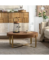 Streamdale Furniture 31.3" Modern Retro Round Coffee Table, Fir Wood Top, Gold Legs
