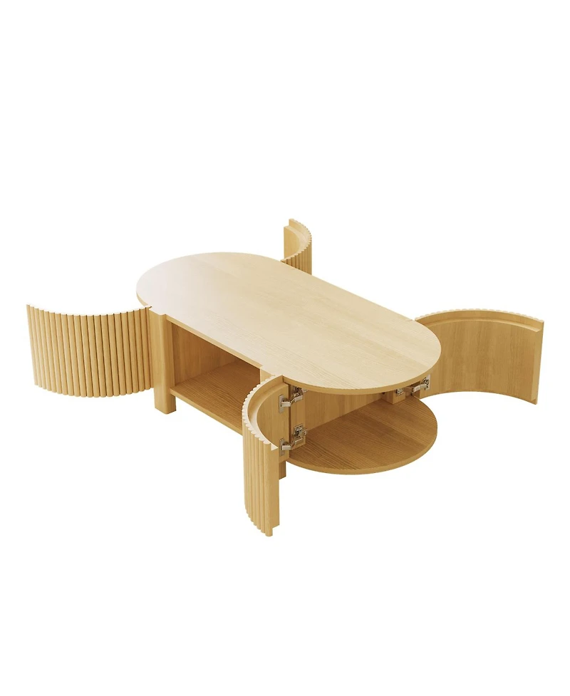 Streamdale Furniture Oval Fluted Coffee Table with Storage, Rubber Solid Wood, Natural, 47
