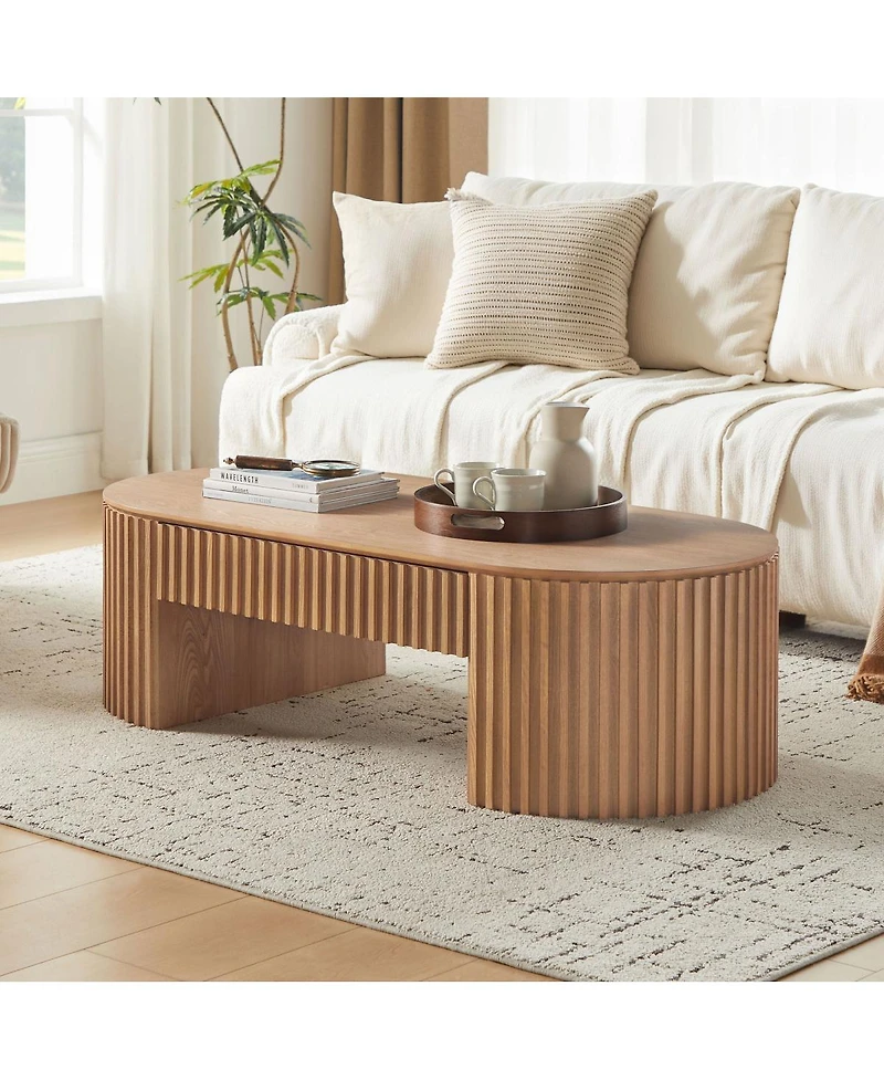 Streamdale Furniture Oval Wood Coffee Table With Drawer - Mid Century Modern Living Room Furniture