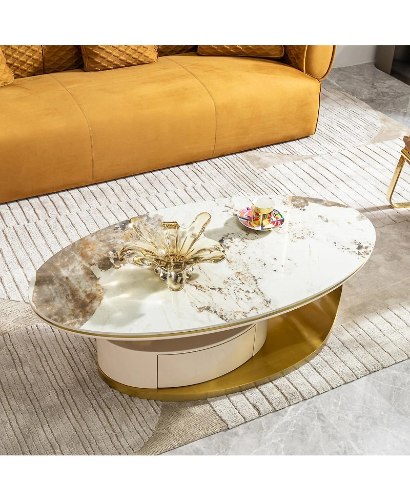 Streamdale Furniture Oval Coffee Table with Drawer, Sintered Stone Marble Top, Gold Stainless Steel Base