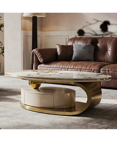 Streamdale Furniture Oval Coffee Table with Drawer, Sintered Stone Marble Top, Gold Stainless Steel Base