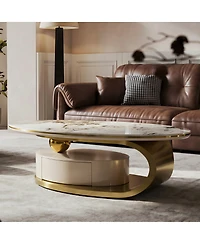 Streamdale Furniture Oval Coffee Table with Drawer, Sintered Stone Marble Top, Gold Stainless Steel Base