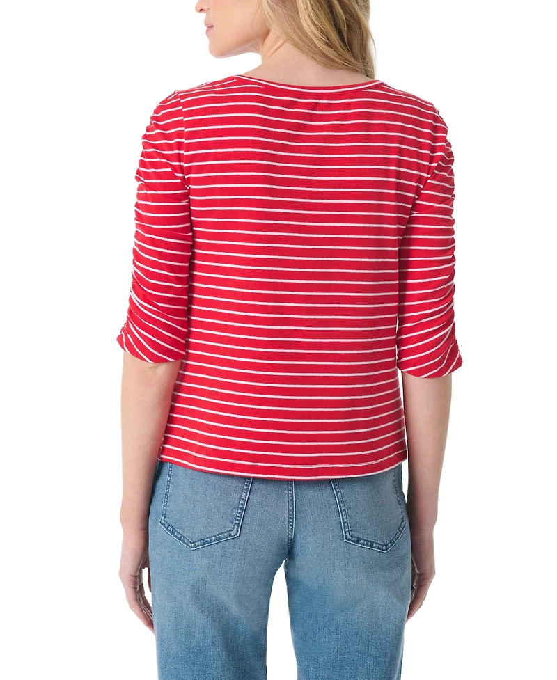 Gloria Vanderbilt Women's Striped Round Neck Ruched-Sleeve Tunic Top