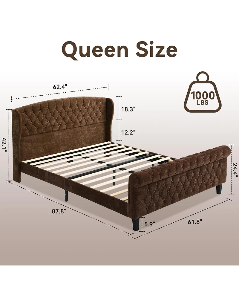 Sailvan Queen Size Sleigh Bed Frame Upholstered in Chenille with High Tufted Headboard and Footboard