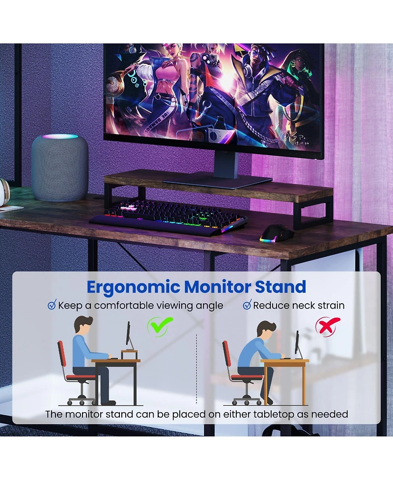 Sugift L-Shaped Reversible Gaming Desk with Led Strip and Power Outlets Hutch Monitor Stand