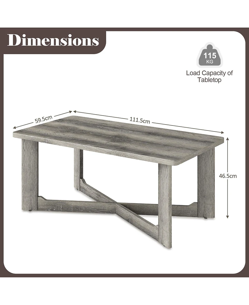 Sugift Rectangle Coffee Table Rubber Wood Base with X-Shaped Base-Gray