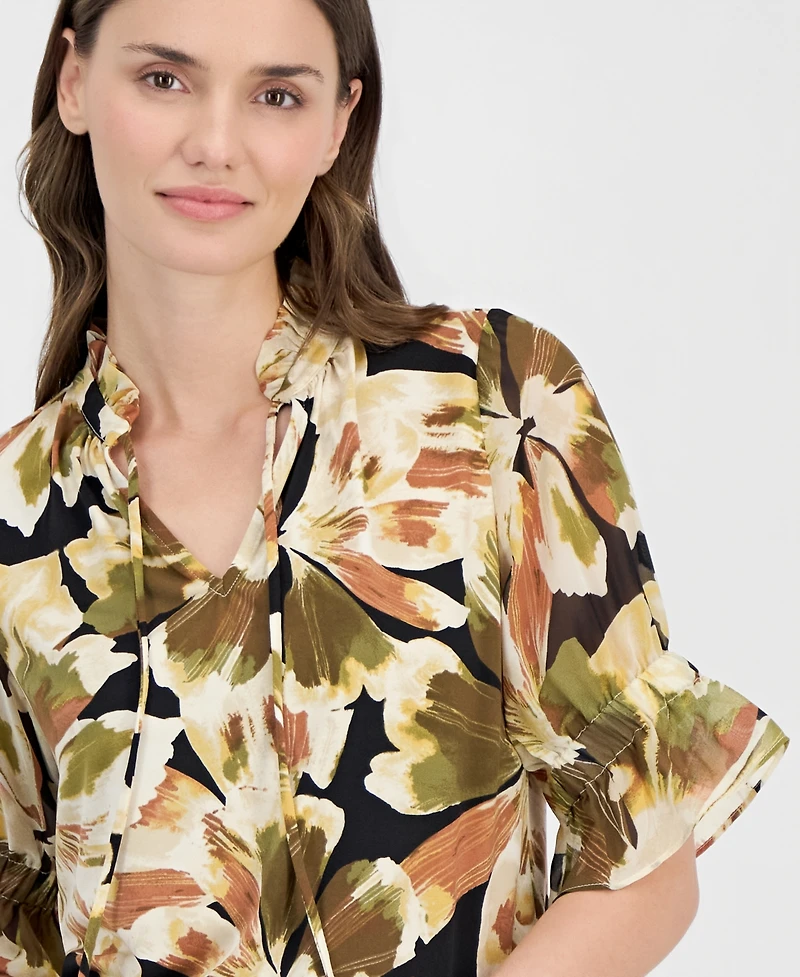 Anne Klein Women's Printed Tie-Front 3/4-Sleeve Blouse