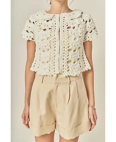 English Factory Women's Crochet Knit Crop Cardigan