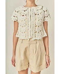 English Factory Women's Crochet Knit Crop Cardigan