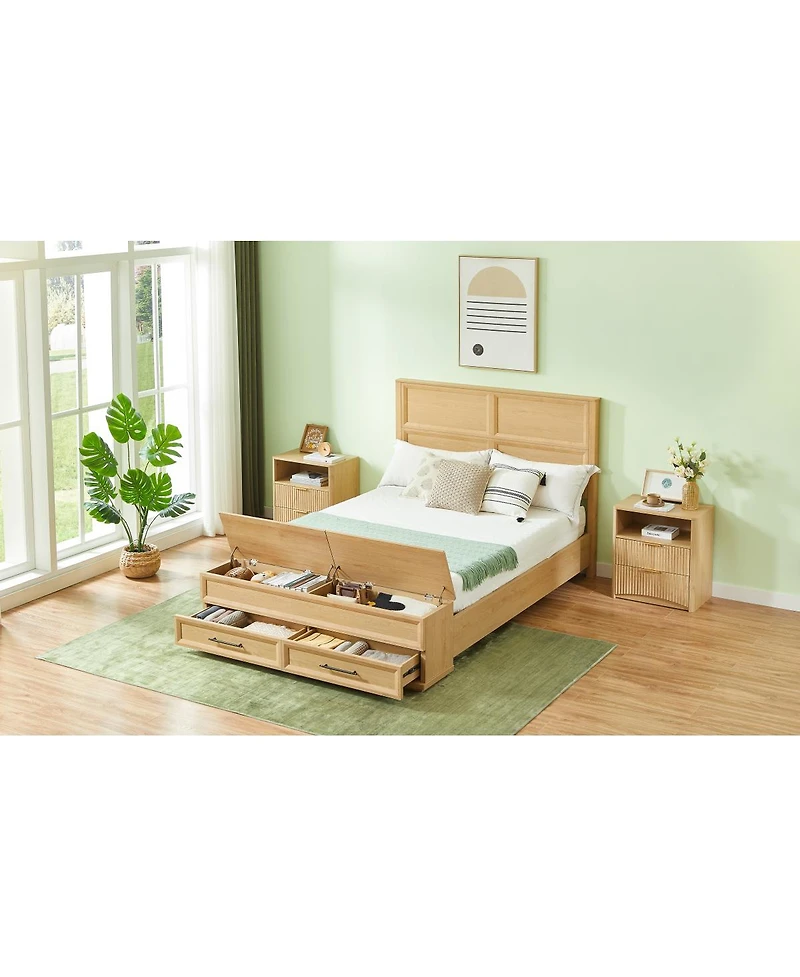 Streamdale Furniture Queen Bed w/ Geometric Headboard and Storage Bench